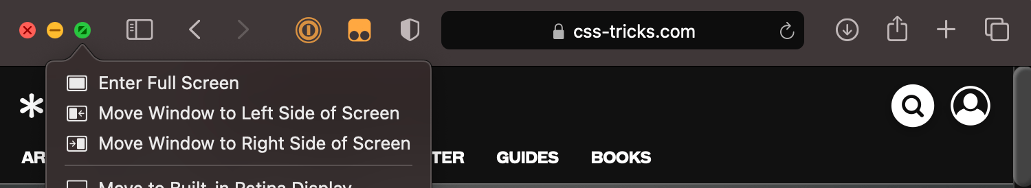 Showing the top part of the Safari browser with the green dot button over at the left of the browser window open with options to enter full screen, move the window to the left side of the screen, or move the window to the right side of the screen.