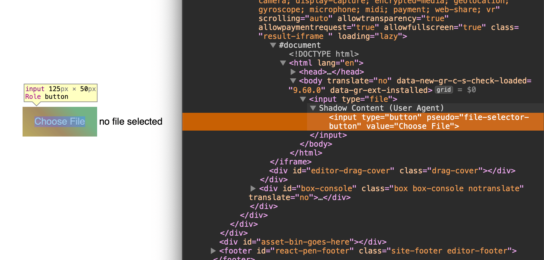 Showing the file input button in the source code of the DevTools inspector.